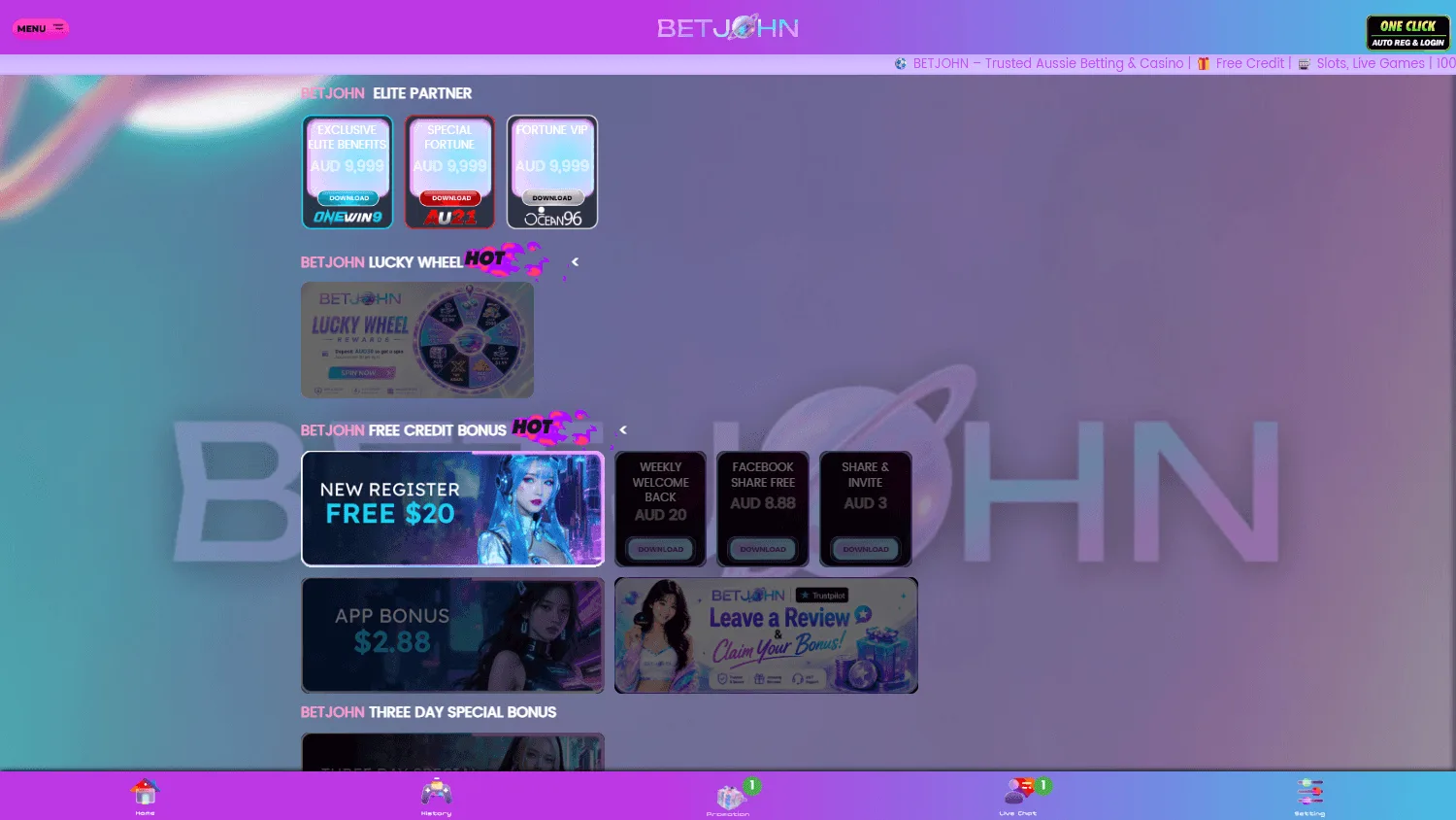 BetJohn Australia desktop promotions area with rewards and campaigns