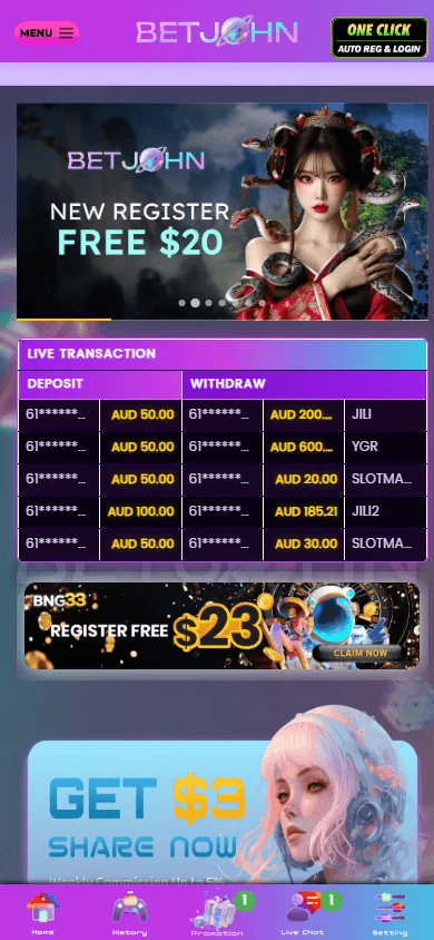 BetJohn Australia mobile home with the $20 no-deposit offer