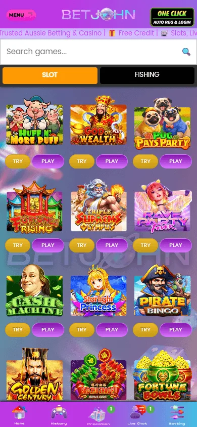 BetJohn Australia mobile games area with casino and betting options