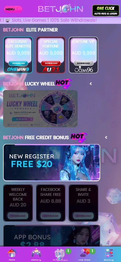 BetJohn Australia mobile promotions area with rewards and campaigns