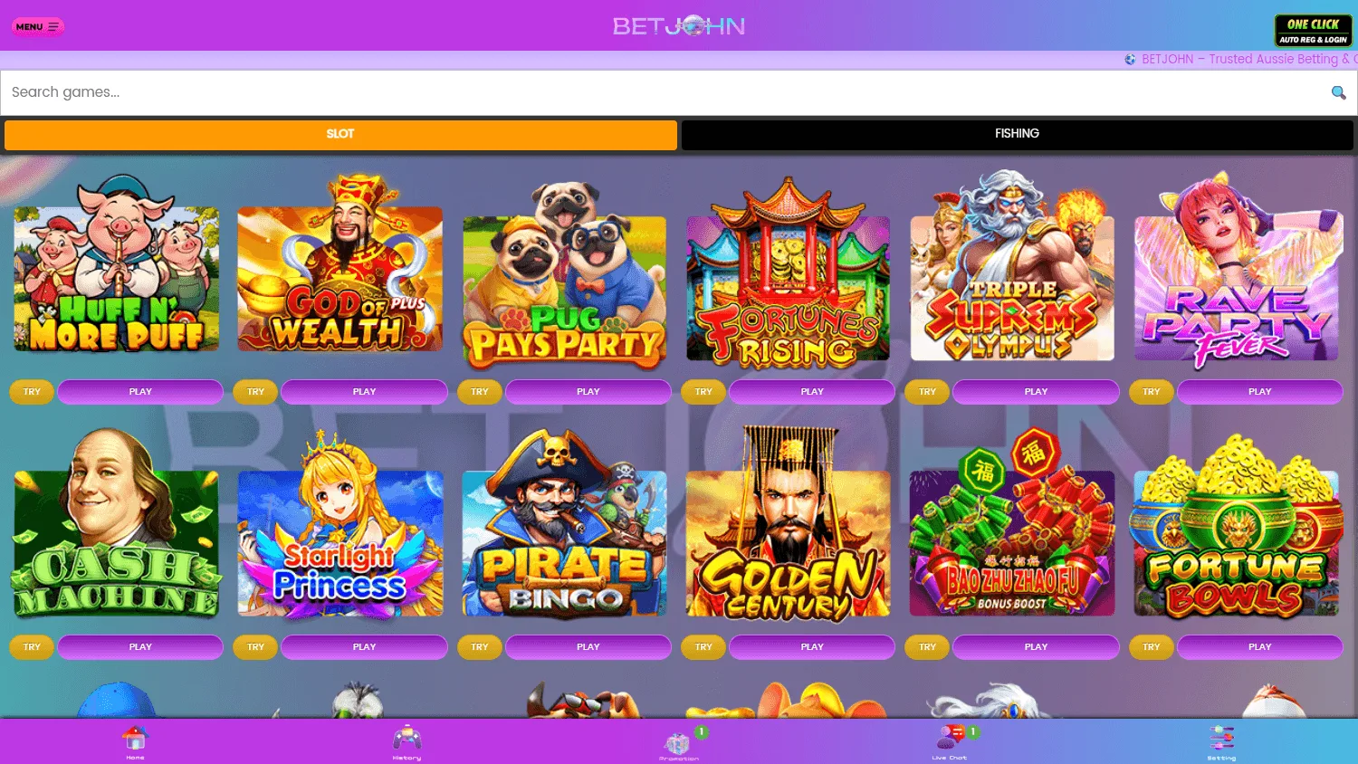 BetJohn Australia desktop games area with casino and betting options